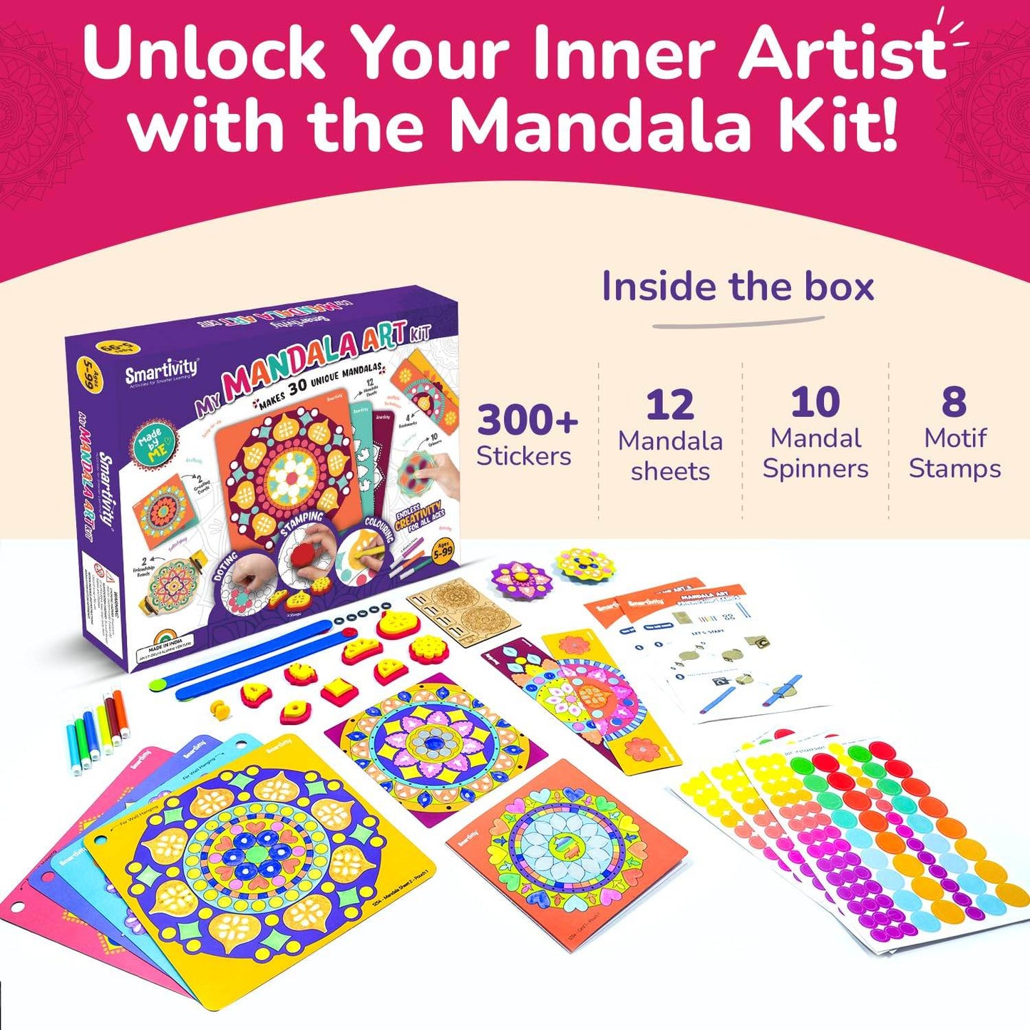 Mandala art kit for kids with 12 mandala sheets 10 spinners 8 stamps and 300 colorful stickers