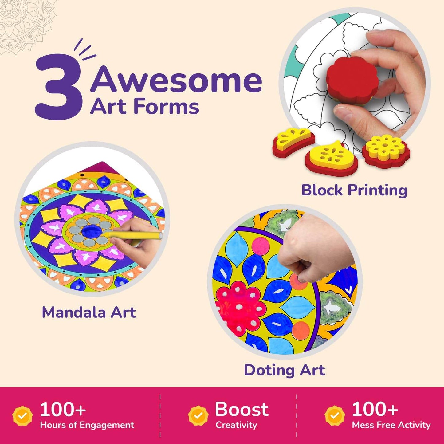 Mandala art kit for kids showing block printing, mandala art, and doting art with hands creating designs