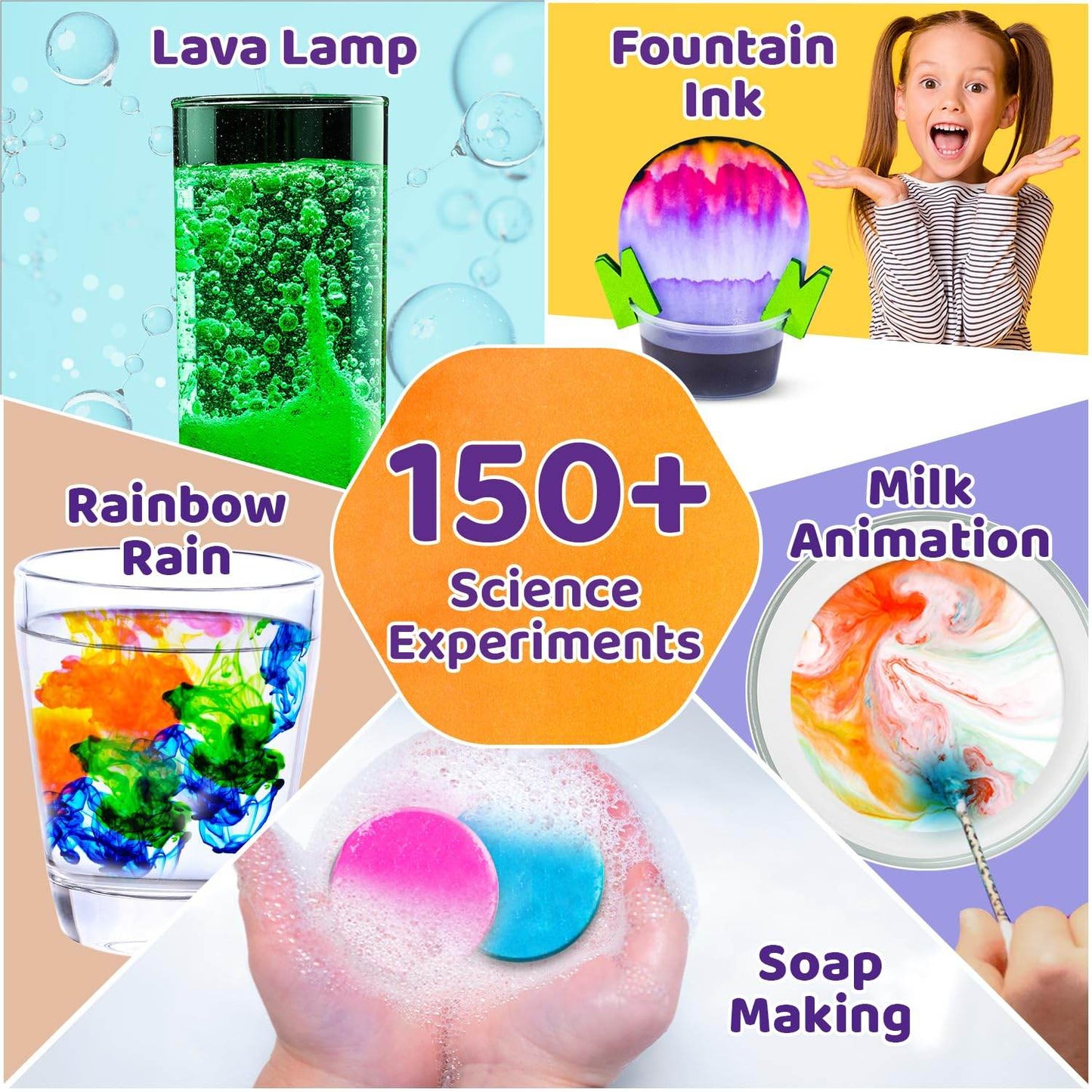 Mega science kit with 150 experiments featuring lava lamp, fountain ink, rainbow rain, milk animation, and soap making