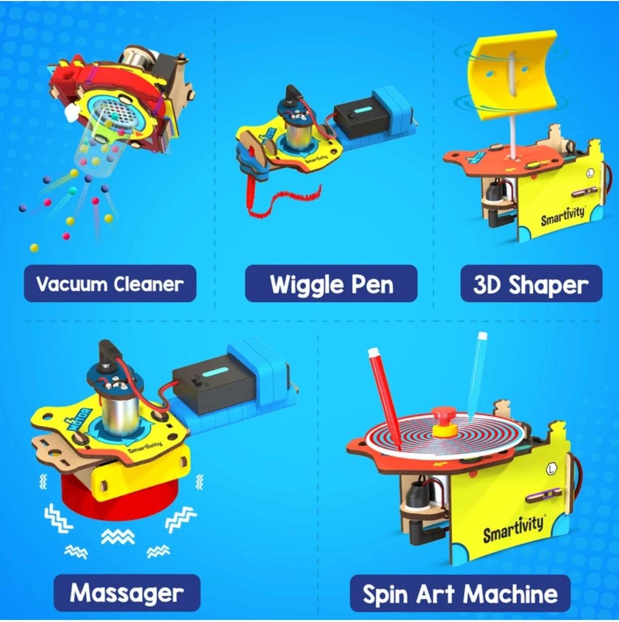 Motor powered gadgets kit for kids showcasing vacuum cleaner wiggle pen 3D shaper massager and spin art machine