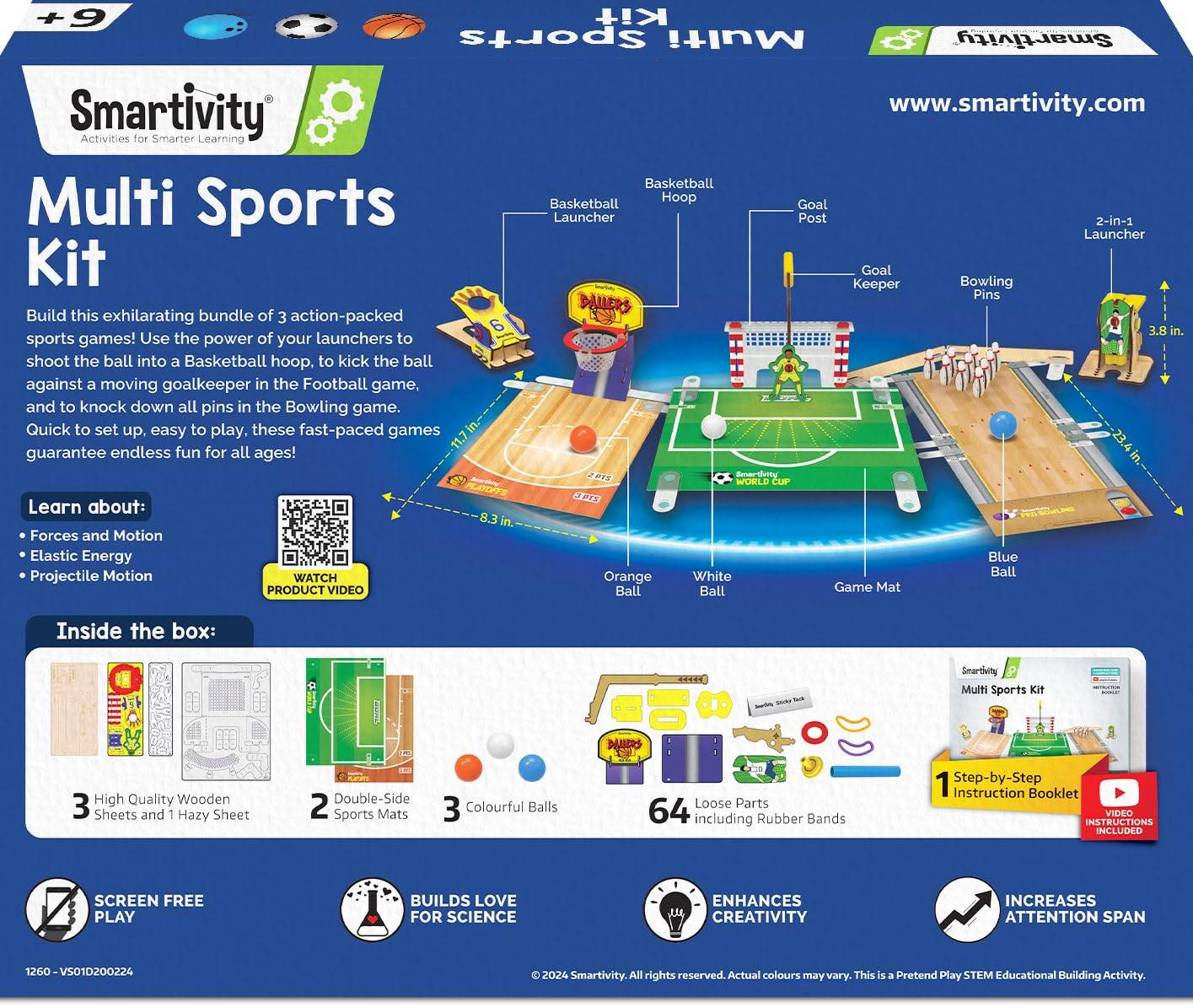 Smartivity multi sports kit for kids with basketball hoop, football goal post, bowling pins, and multiple colorful balls