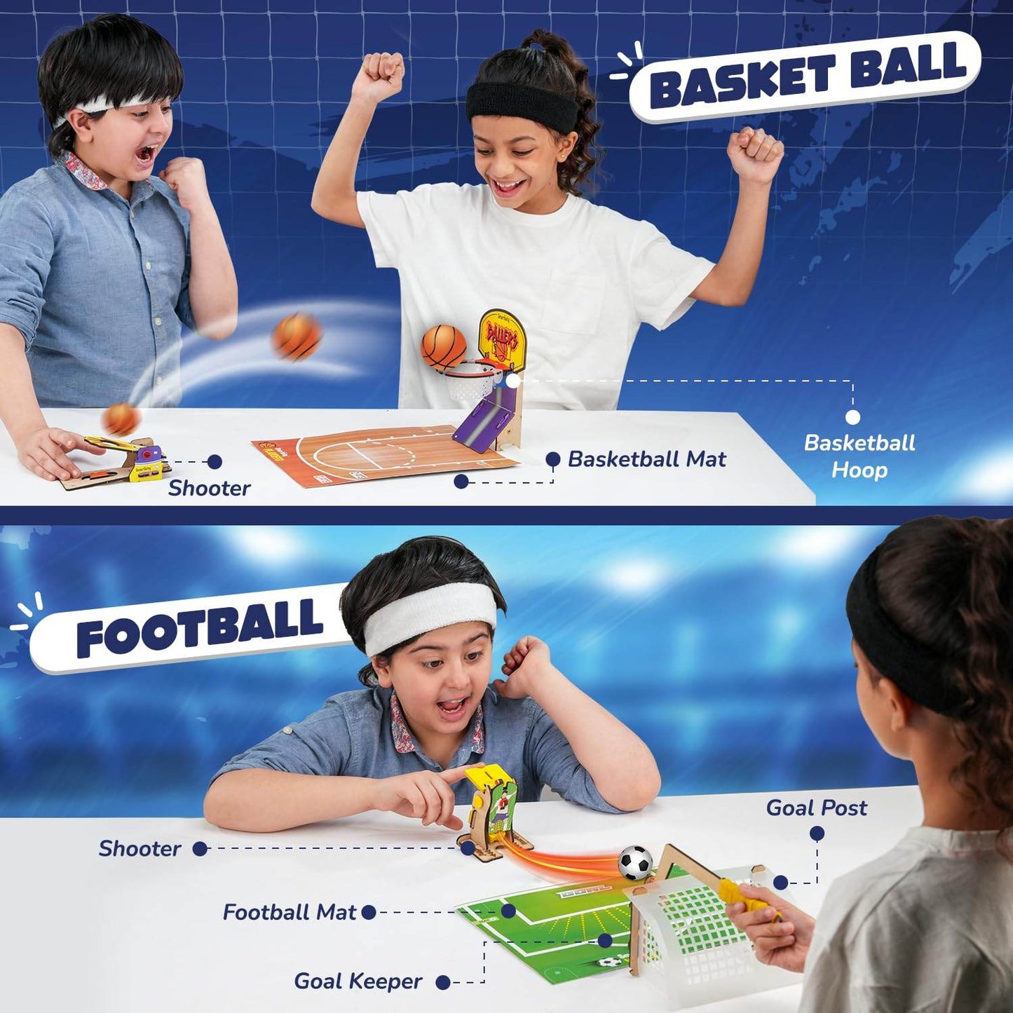 Kids playing with multi sports kit for kids featuring basketball and football game sets