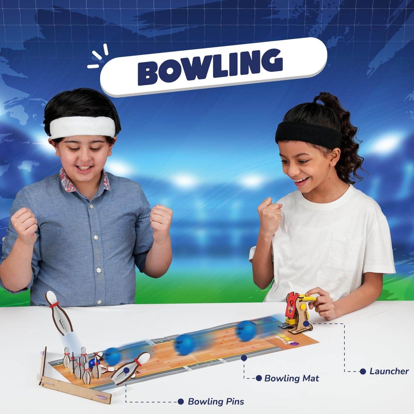 Kids playing with a multi sports kit for kids featuring a bowling game with launcher and bowling pins