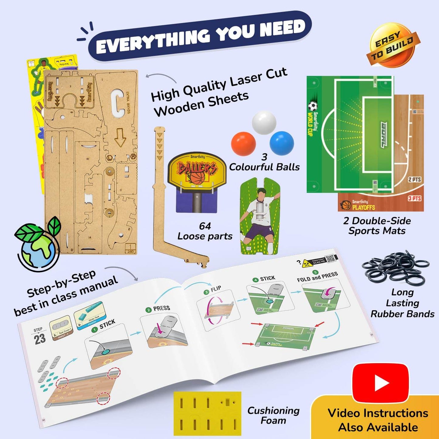 Multi sports kit for kids with laser cut wooden sheets colorful balls double-side sports mats and video instructions