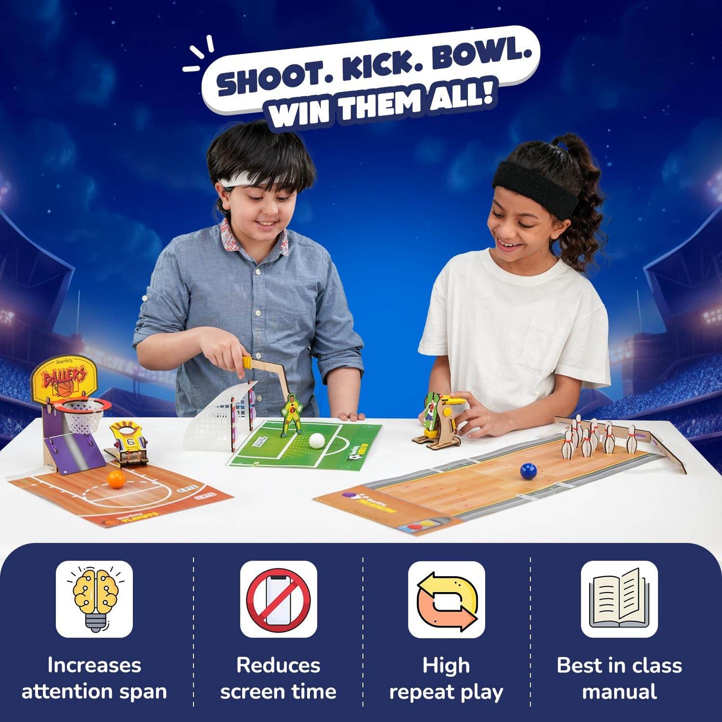 Kids playing with multi sports kit for kids including basketball, soccer, and bowling games on a white table