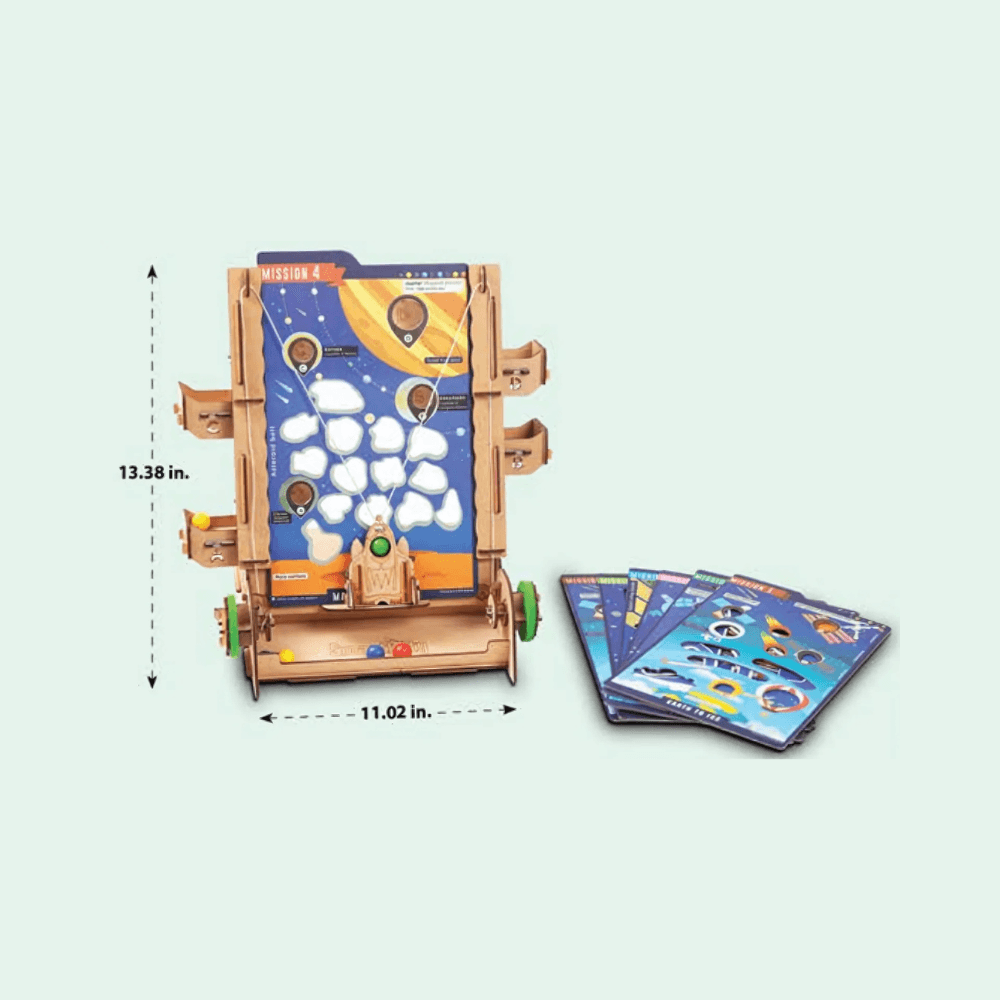 Smartivity Planet Run STEAM kit showing wooden game board with mission cards and marbles for educational play