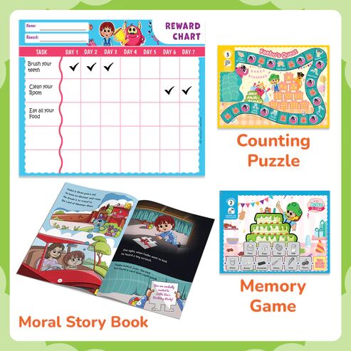 Preschool learning kit for 4 year olds with reward chart, counting puzzle, memory game, and moral story book