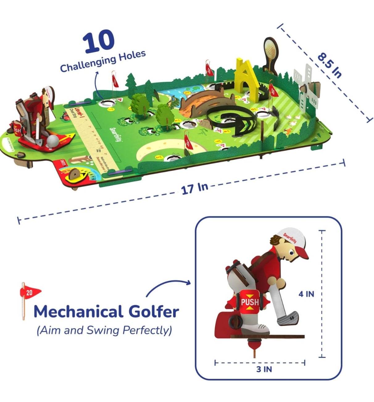 STEM golf game for kids with 10 challenging holes and a mechanical golfer for aim and swing practice