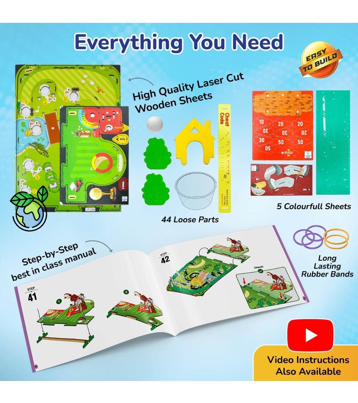STEM golf game for kids with laser cut wooden sheets colorful parts rubber bands and step by step manual