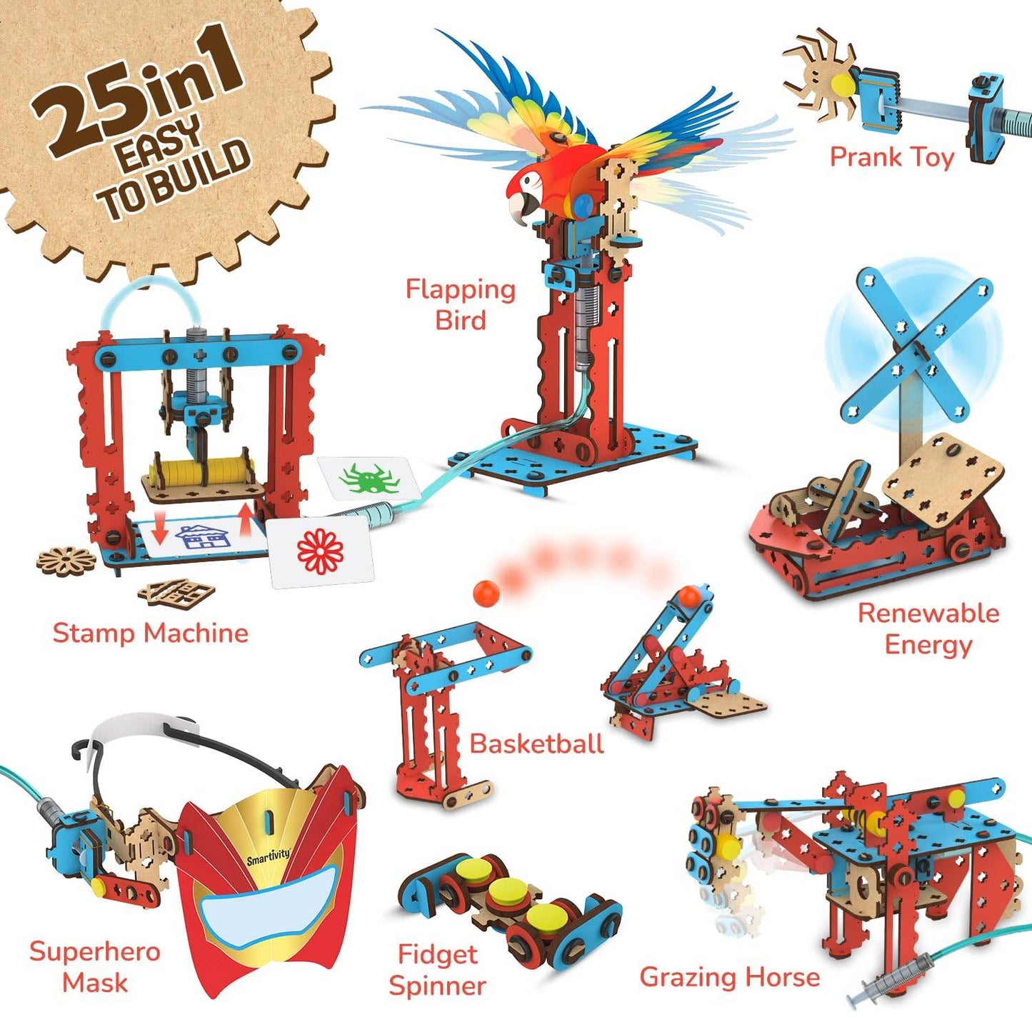 Smartivity STEM hydraulic kit for kids featuring 25in1 easy to build indoor models like Flapping Bird and Renewable Energy