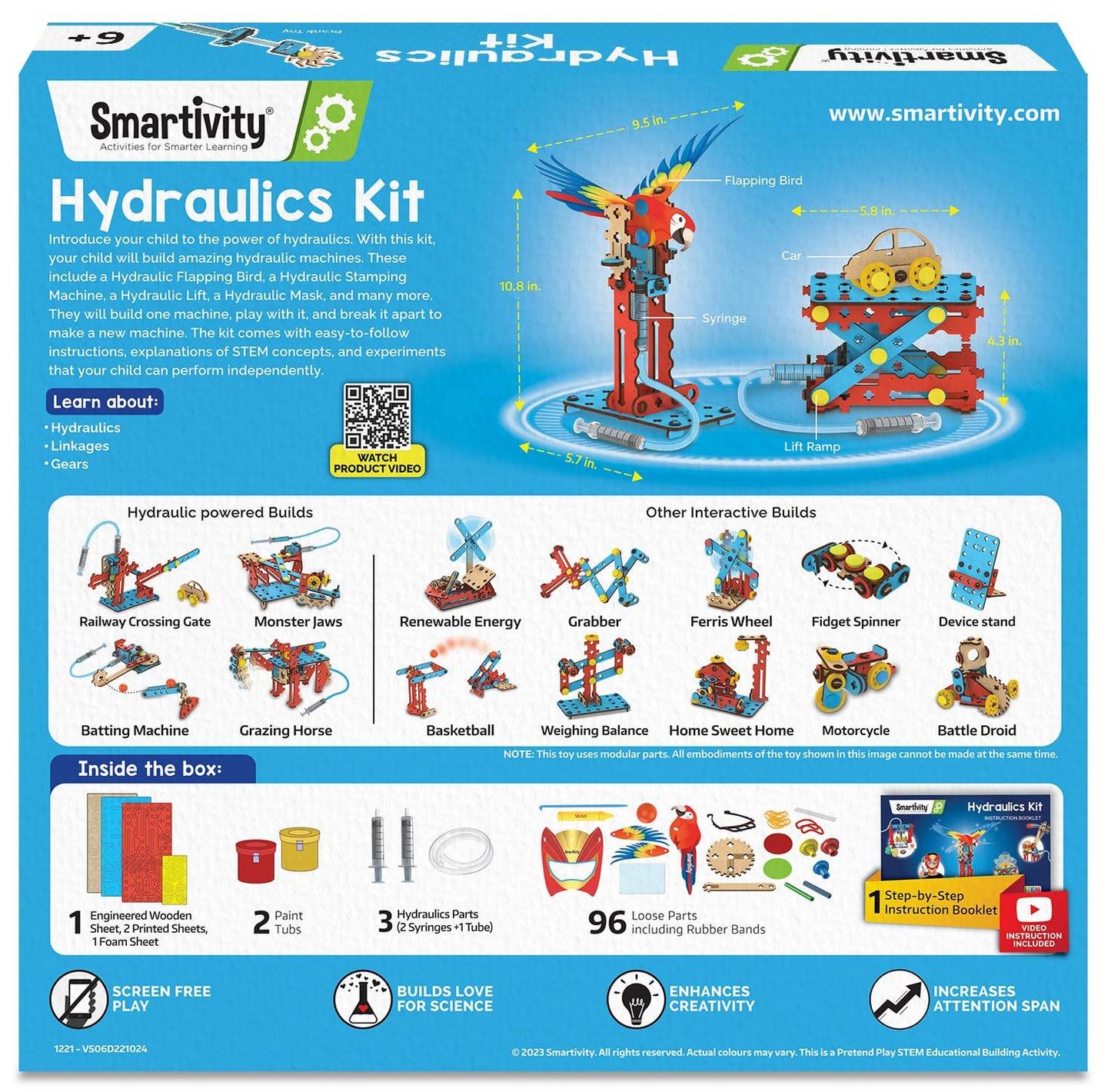Smartivity STEM hydraulic kit for kids with wooden parts and instructions for building hydraulic machines