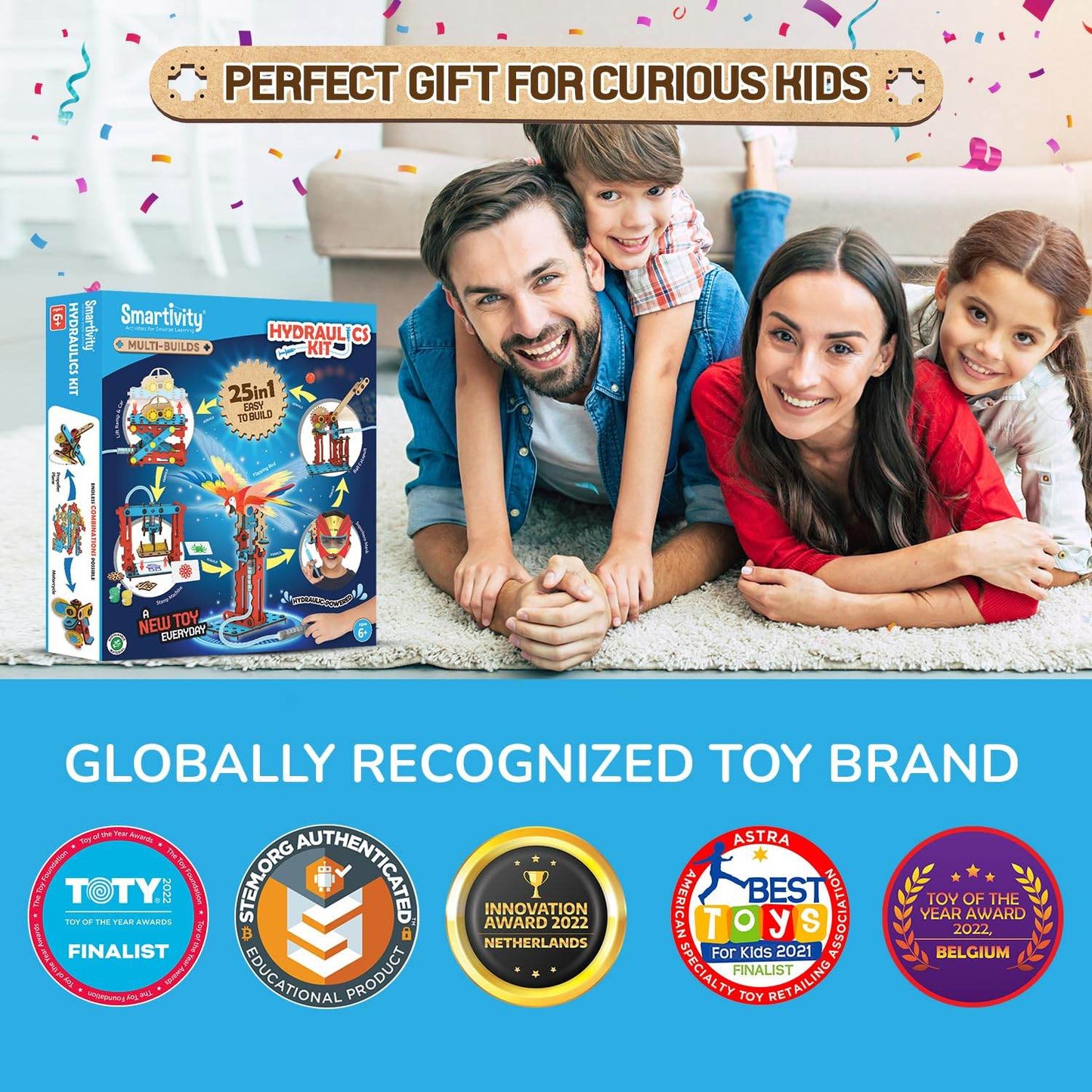 Smartivity STEM hydraulic kit for kids with family playing and educational award badges displayed