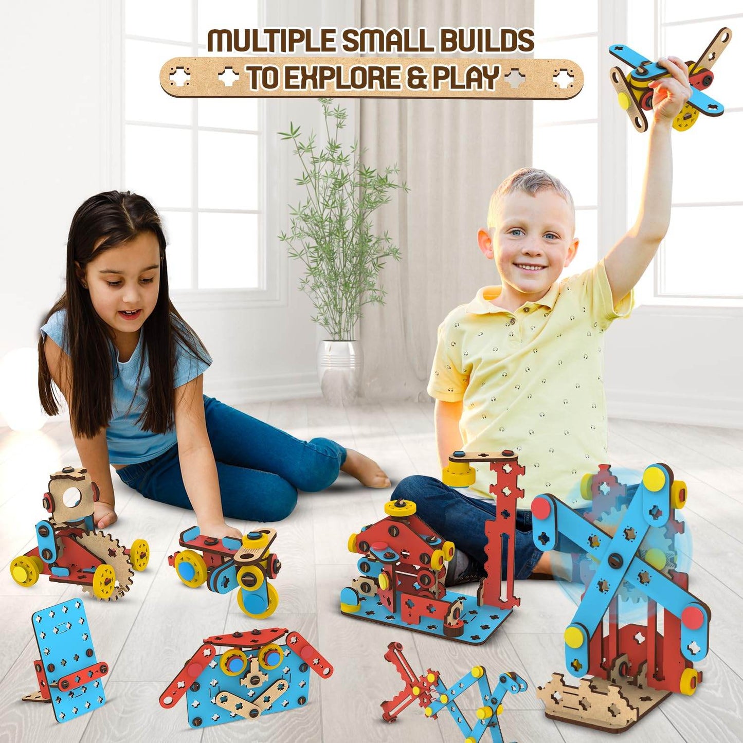 Smartivity STEM hydraulic kit for kids with two children playing and building hydraulic models indoors