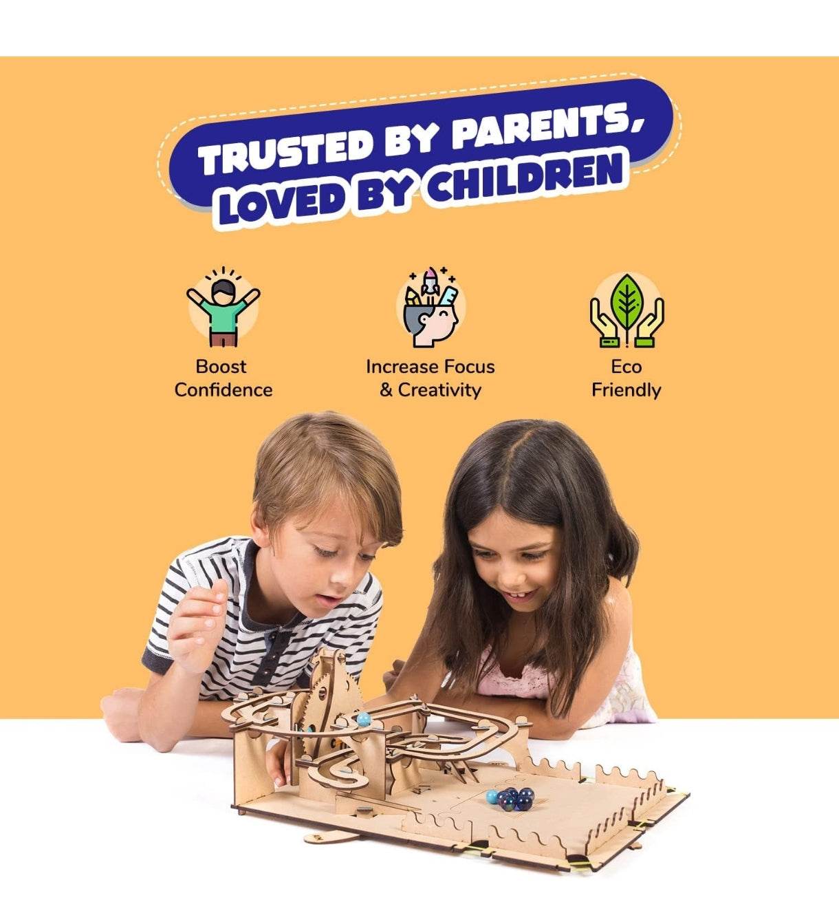 Children playing with a STEM marble run kit for kids boosting confidence and creativity