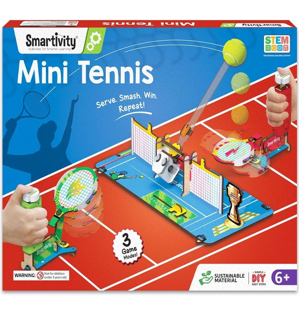 STEM tabletop tennis kit for kids with mini tennis setup featuring paddles, balls, and net on a colorful court