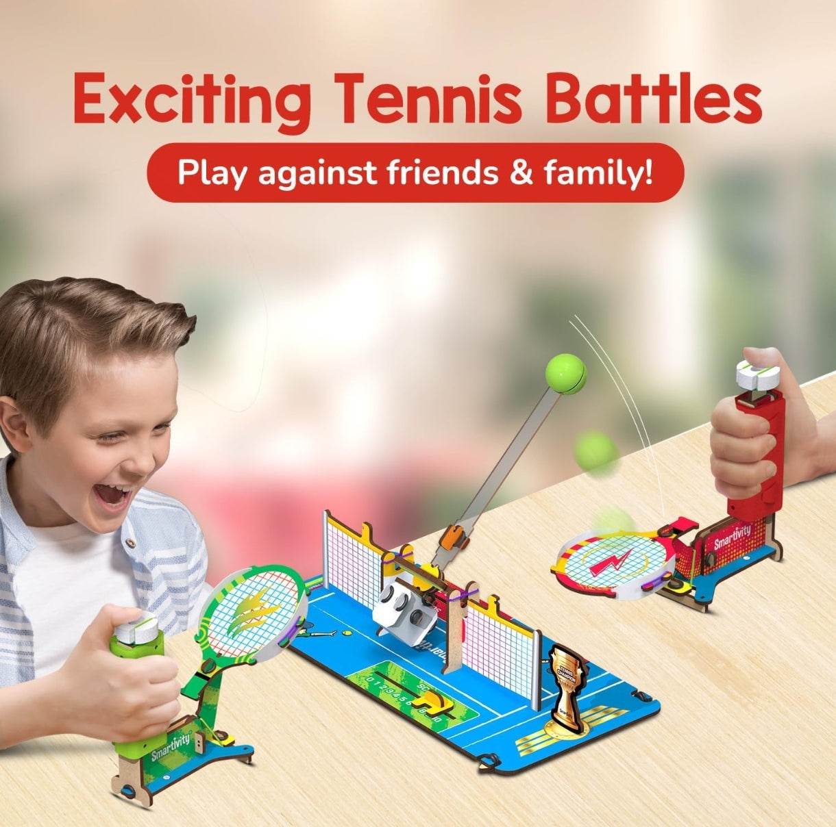 Children playing with STEM tabletop tennis kit for kids featuring mini paddles and ball launcher on a table
