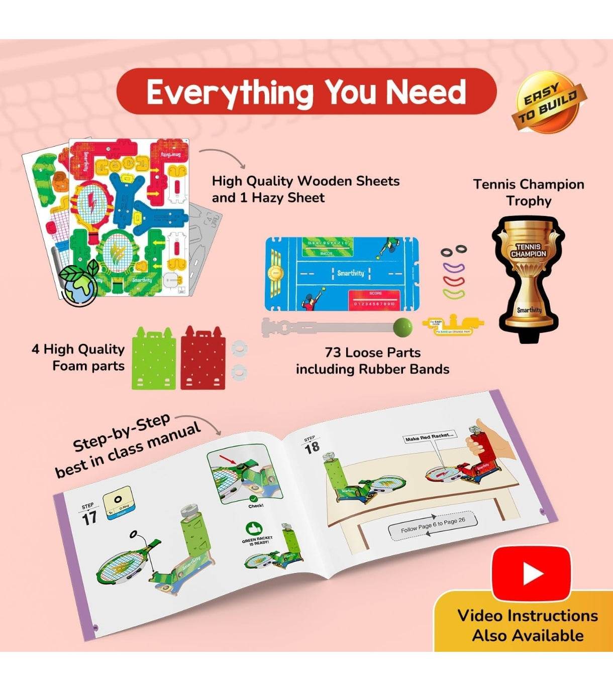 STEM tabletop tennis kit for kids with wooden sheets foam parts trophy and step by step manual