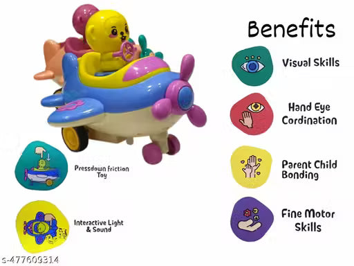 Toy airplane with teddy bear, benefits listed on a white background