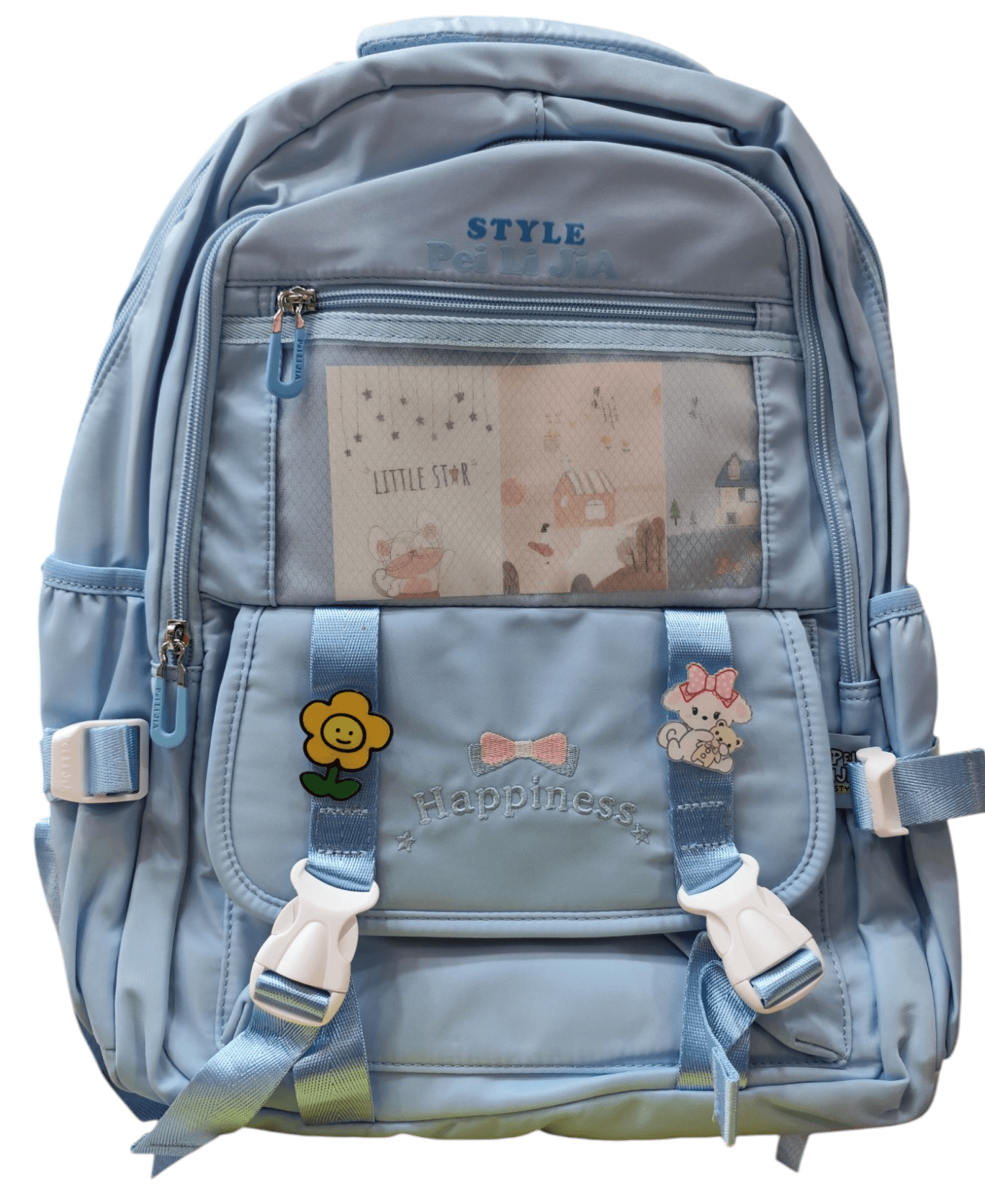 Light blue lightweight girls backpack for parties with front zip pocket and cute cartoon patches