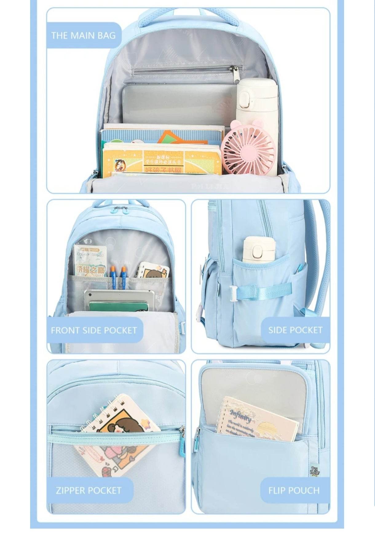 Light blue lightweight girls backpack for parties with multiple compartments and pockets for organized storage