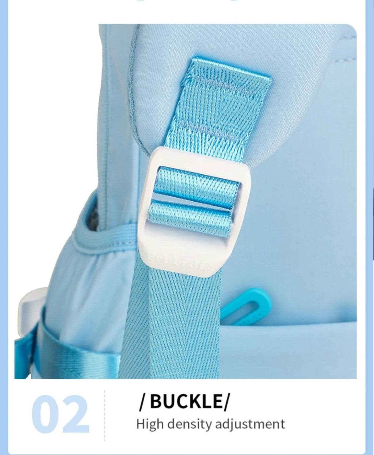Close-up of buckle on light blue lightweight girls backpack for parties with high density adjustment