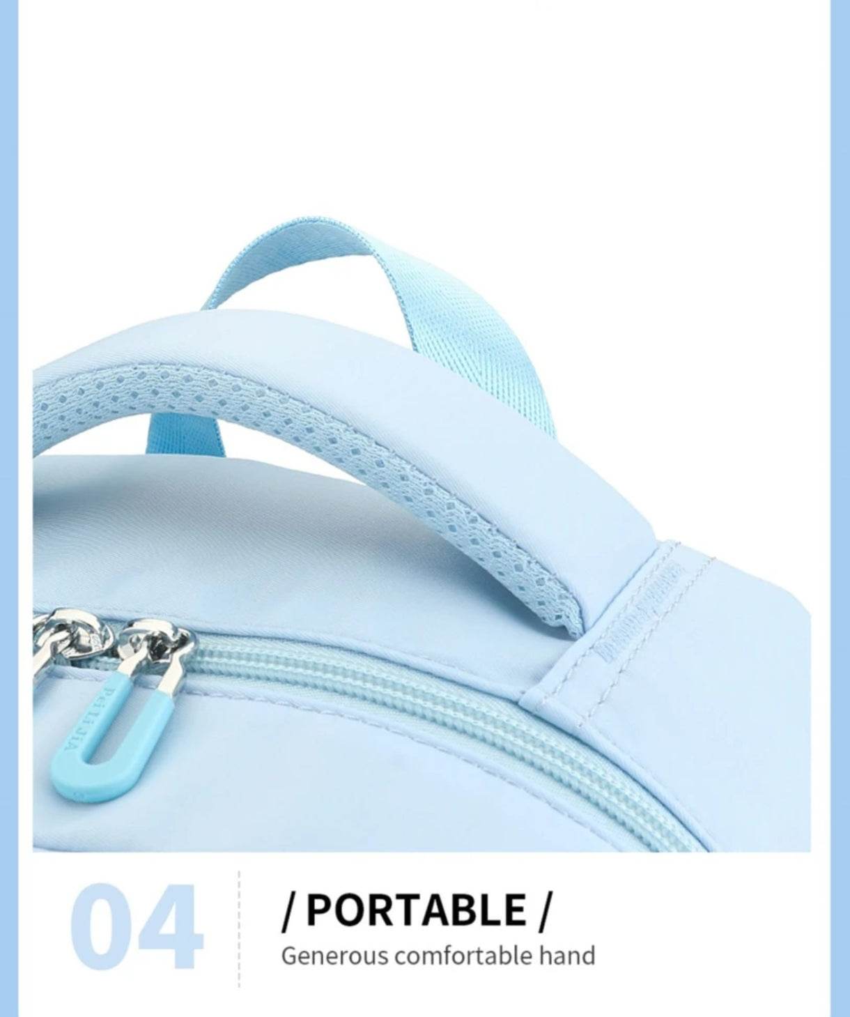 Light blue lightweight girls backpack for parties with comfortable padded handle and zipper