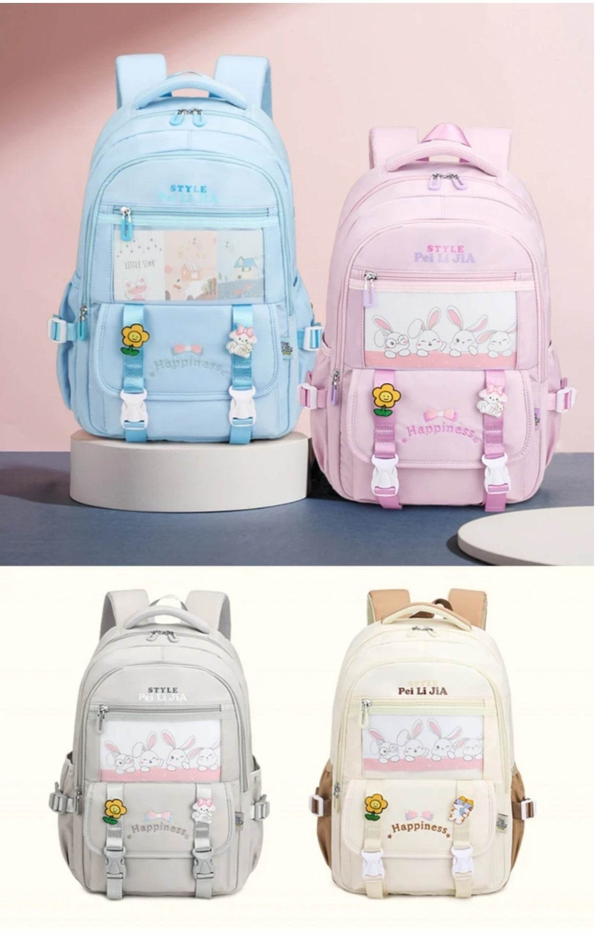 Lightweight girls backpack for parties available in pastel blue, pink, gray, and beige with cute bunny and floral designs