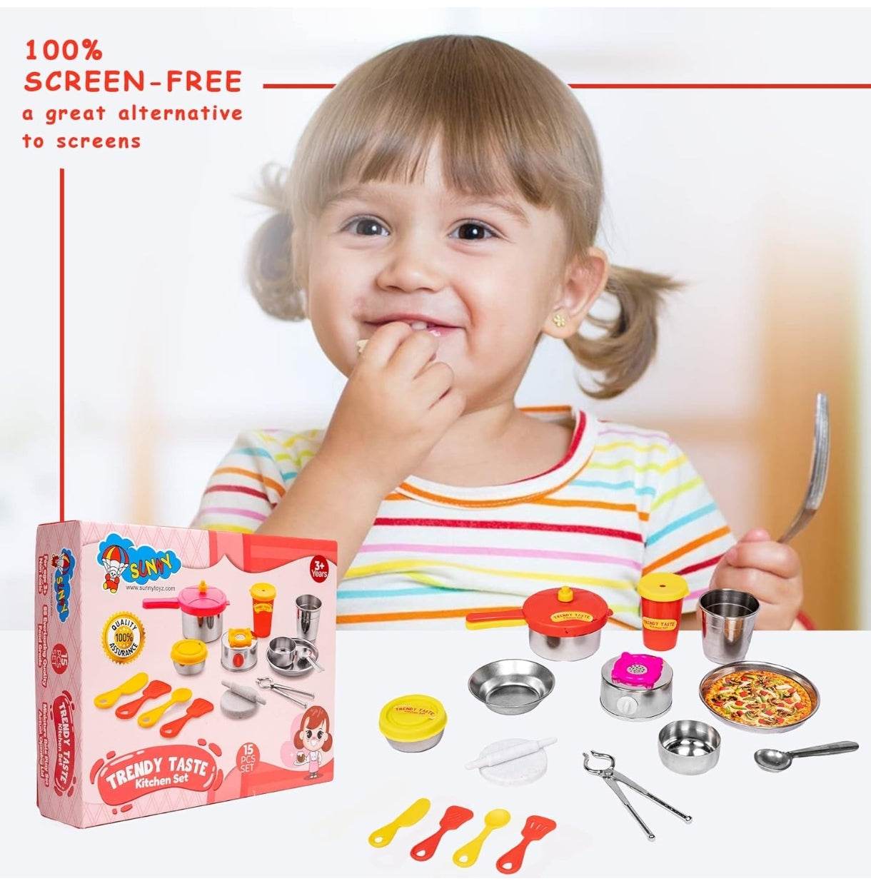 Child playing with 15 piece trendy kitchen playset including pots, utensils, and toy food with packaging