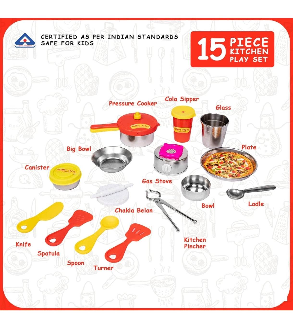 15 piece trendy kitchen playset by T-Rex the toyland Sitamarhi including pressure cooker, gas stove, utensils, and kitchen tools