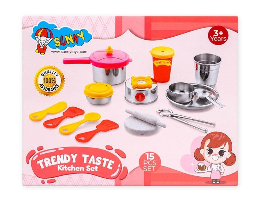 15 piece trendy kitchen playset with colorful toy utensils and cookware for kids aged 3 and up