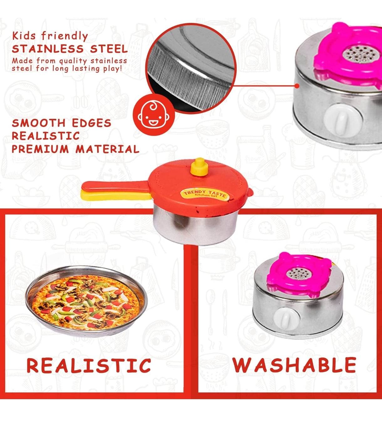 15 piece trendy kitchen playset with stainless steel pots, pans, and realistic washable kitchen toys