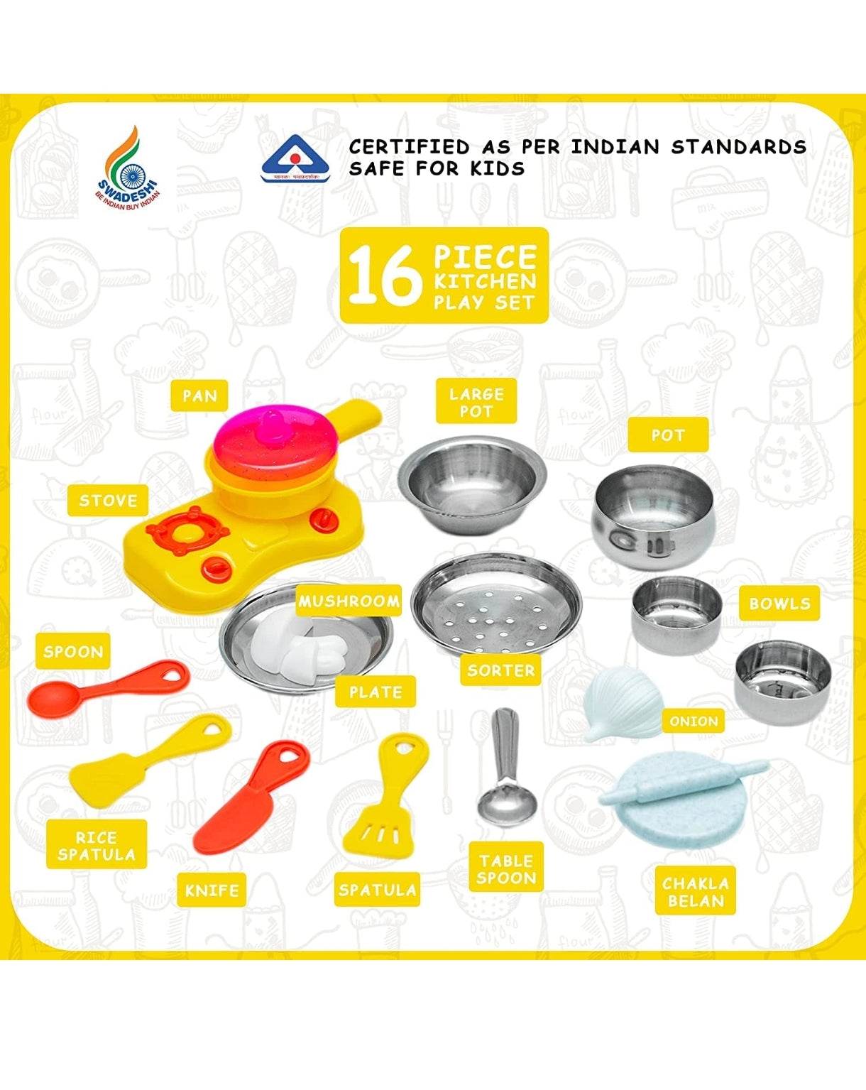 16 piece kids kitchen play set with stove, pots, spatulas, and utensils for imaginative play