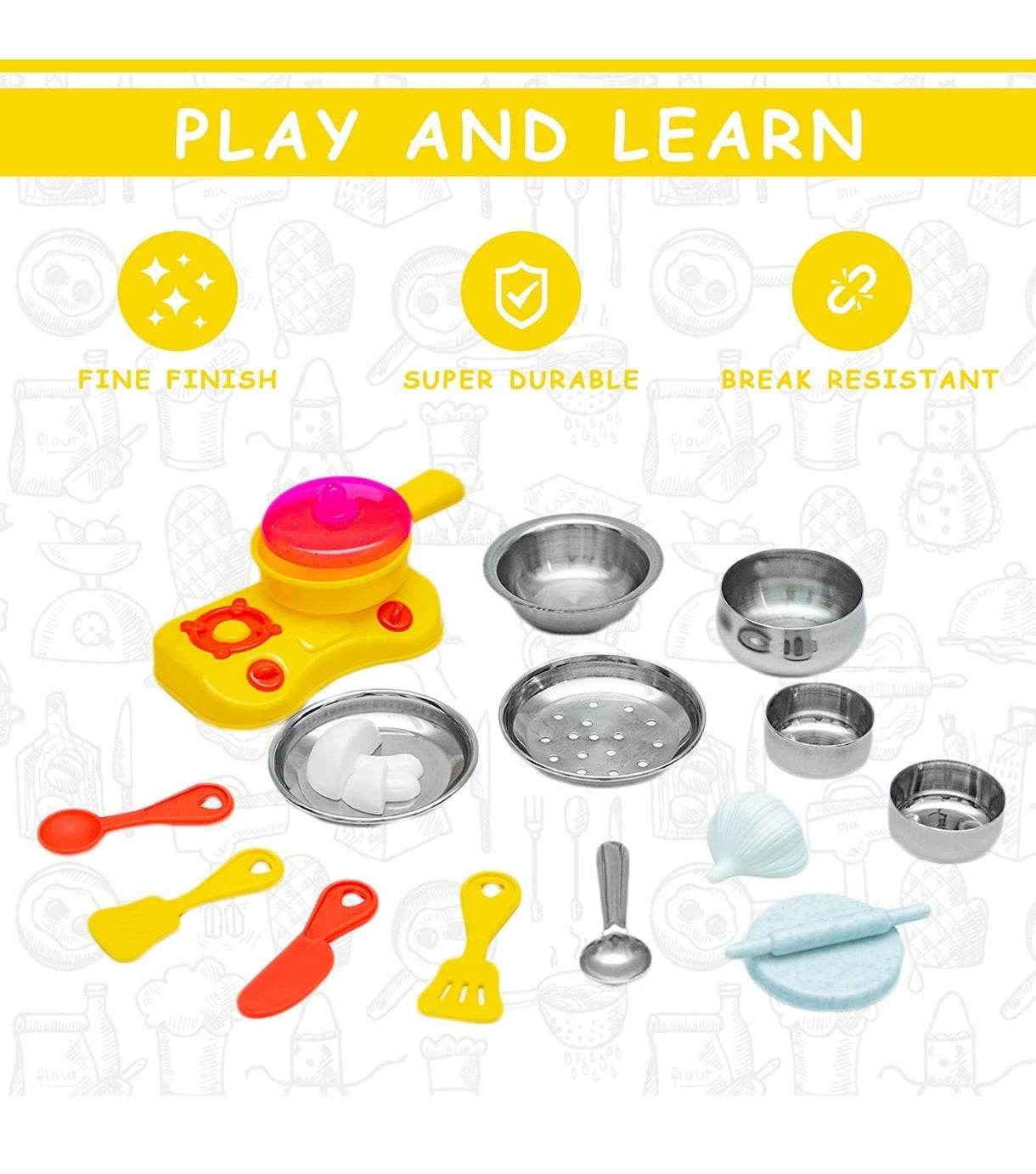 Kids kitchen play set with yellow stove, pots, pans, and colorful utensils for imaginative cooking