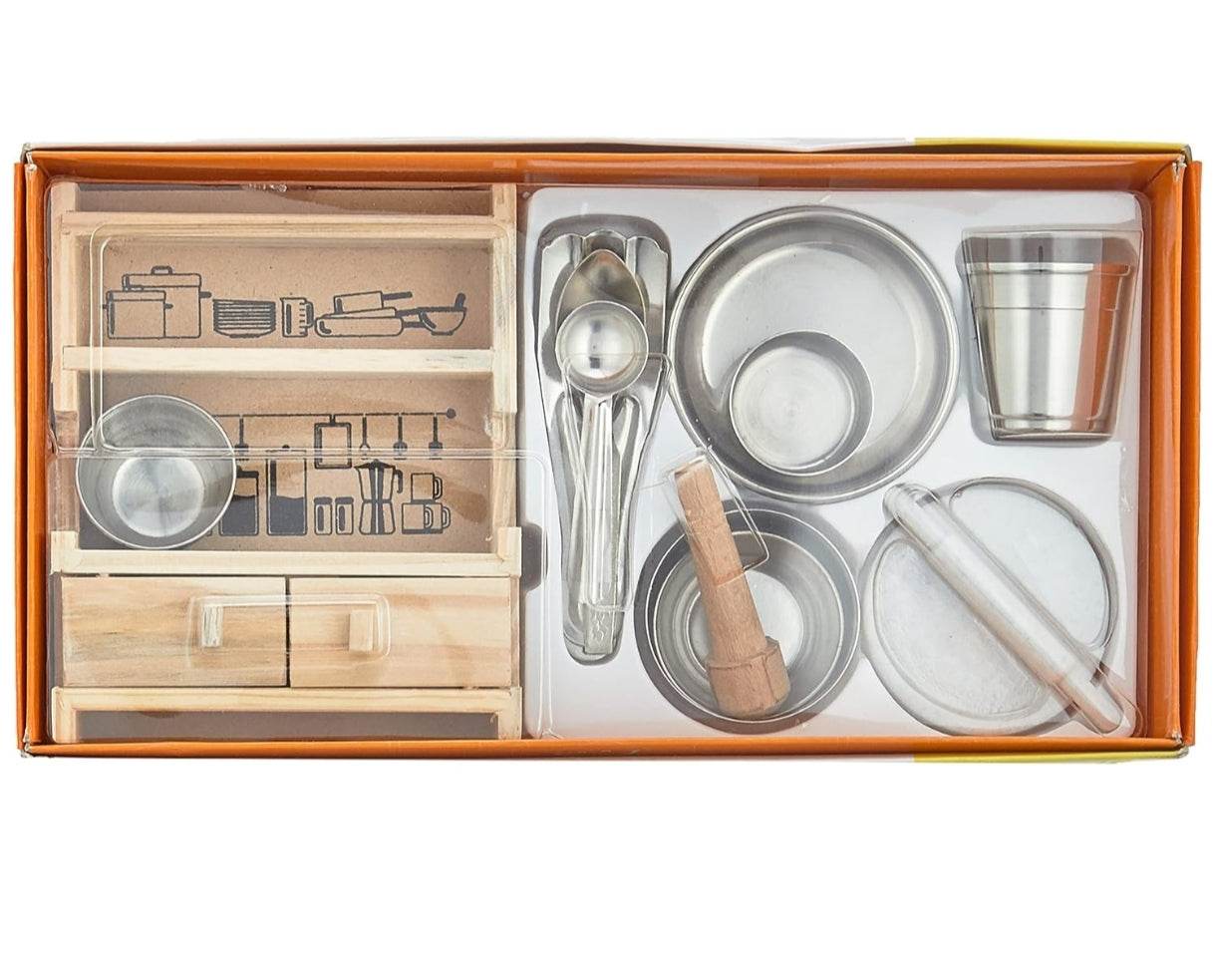 Mini toy kitchen set for girls with wooden cupboard and stainless steel cooking utensils
