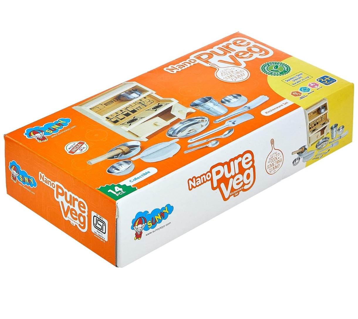 Nano Pure Veg mini toy kitchen set for girls with utensils and wooden kitchen accessories in orange and yellow box