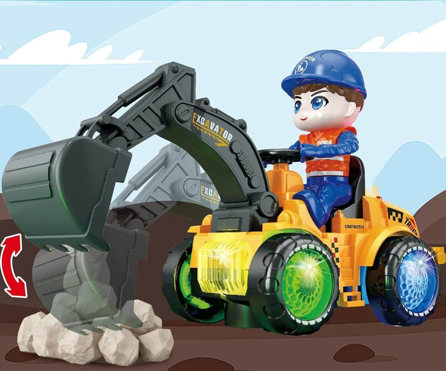 Super truck engineering toy excavator with moving arm and colorful flashing wheels for kids