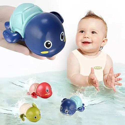 Swimming turtle bath toy for toddlers in blue with a happy baby playing in water