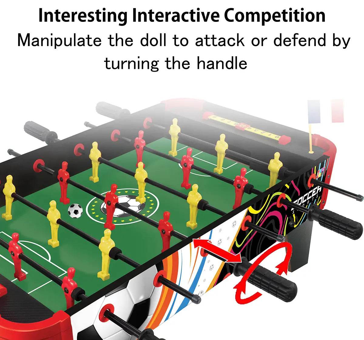 Tabletop foosball game for kids with red and yellow player dolls on green field and black handles