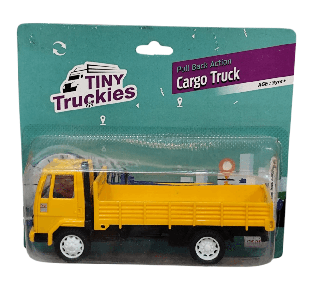 Centy pull back cargo truck toy yellow Tiny Truckies packaging for kids age 3 plus