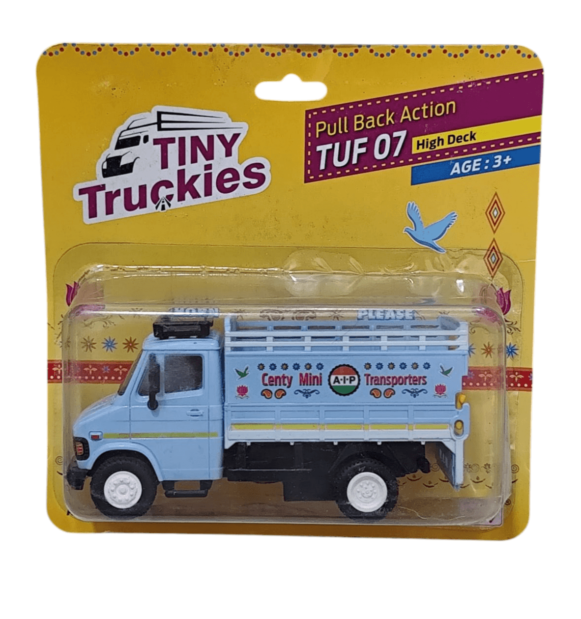 Tiny Truckies plastic truck toy for kids with pull back action and high deck design in blue