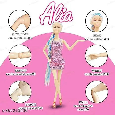 K.V. Toys Alia Doll Wearing Sparkly Dress and Braided Soft Hair, Pair of Heels | Moveable Body Parts | Perfect for Kids Aged 3 and Above (Any Color)7077 Alia