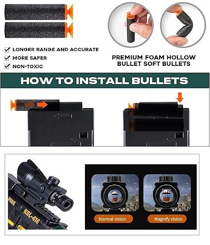 Black toy gun with foam bullets, suitable for ages 5 and up, featuring longer range and accurate shooting