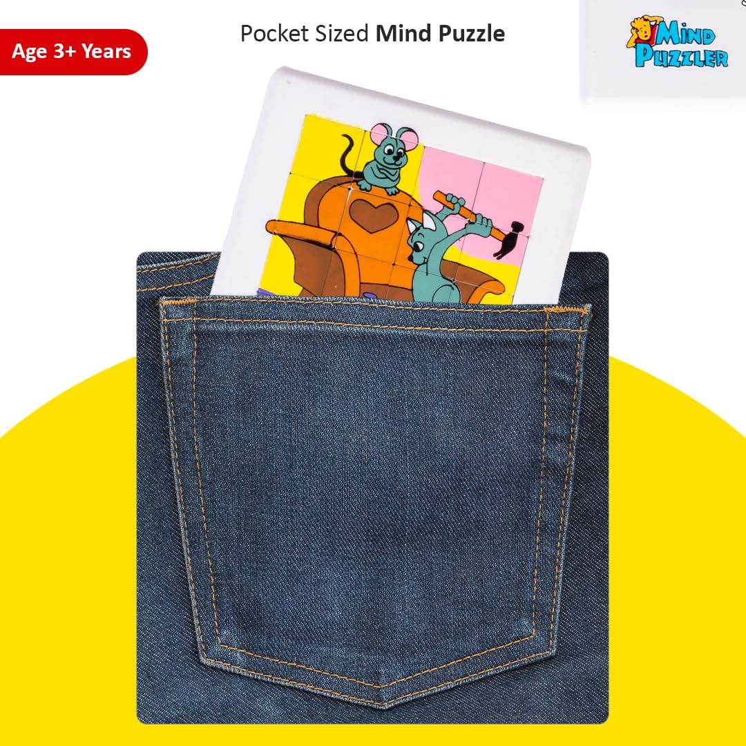 Pocket-sized mind puzzle toy for kids with cartoon mouse design in denim pocket for ages 3 plus