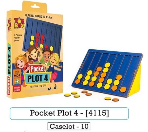 Pocket Plot 4 game travel edition with blue and yellow playing board and red and yellow chips for two players