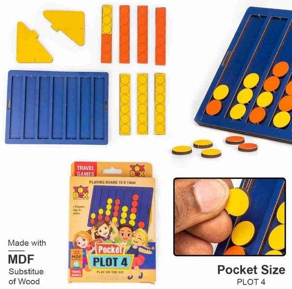 Pocket Plot 4 game travel set with colorful yellow and orange tokens and blue playing board by T-Rex the toyland Sitamarhi