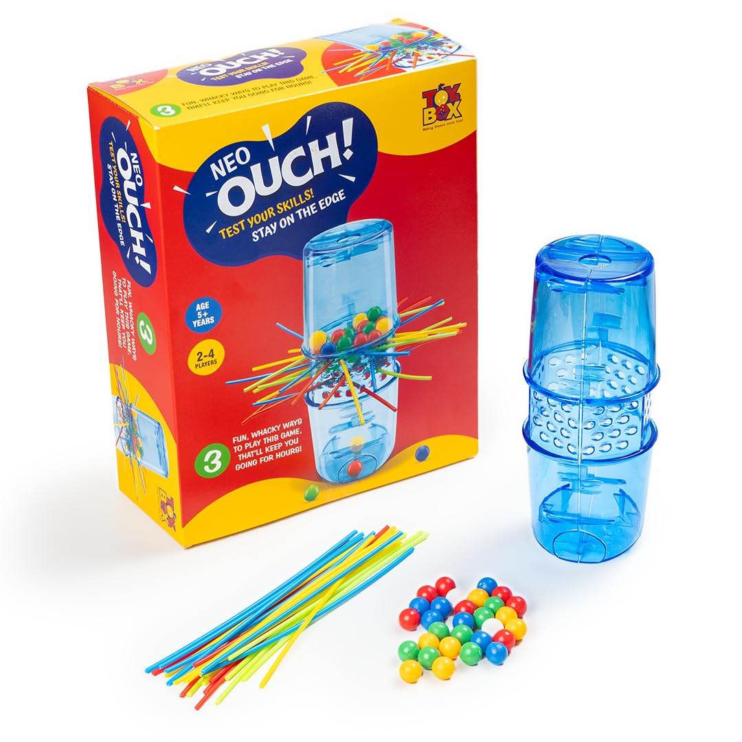 Toysbox Neo Ouch skill game with colorful sticks and balls for 2 to 4 players in blue plastic container