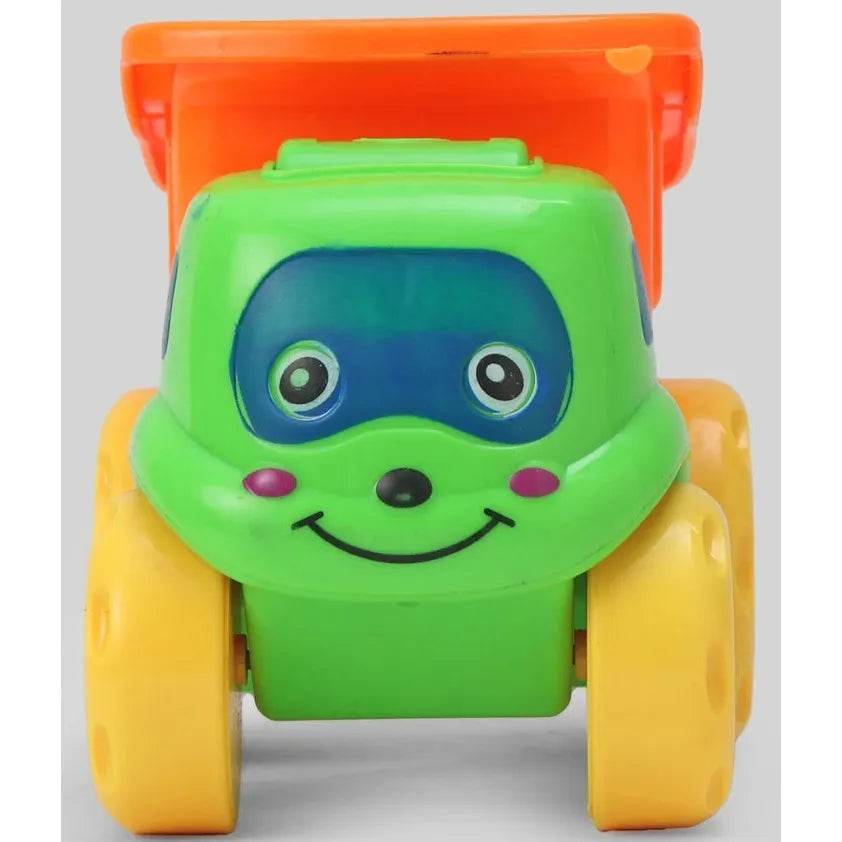Colorful rattling dumper toy truck with smiling face and large yellow wheels