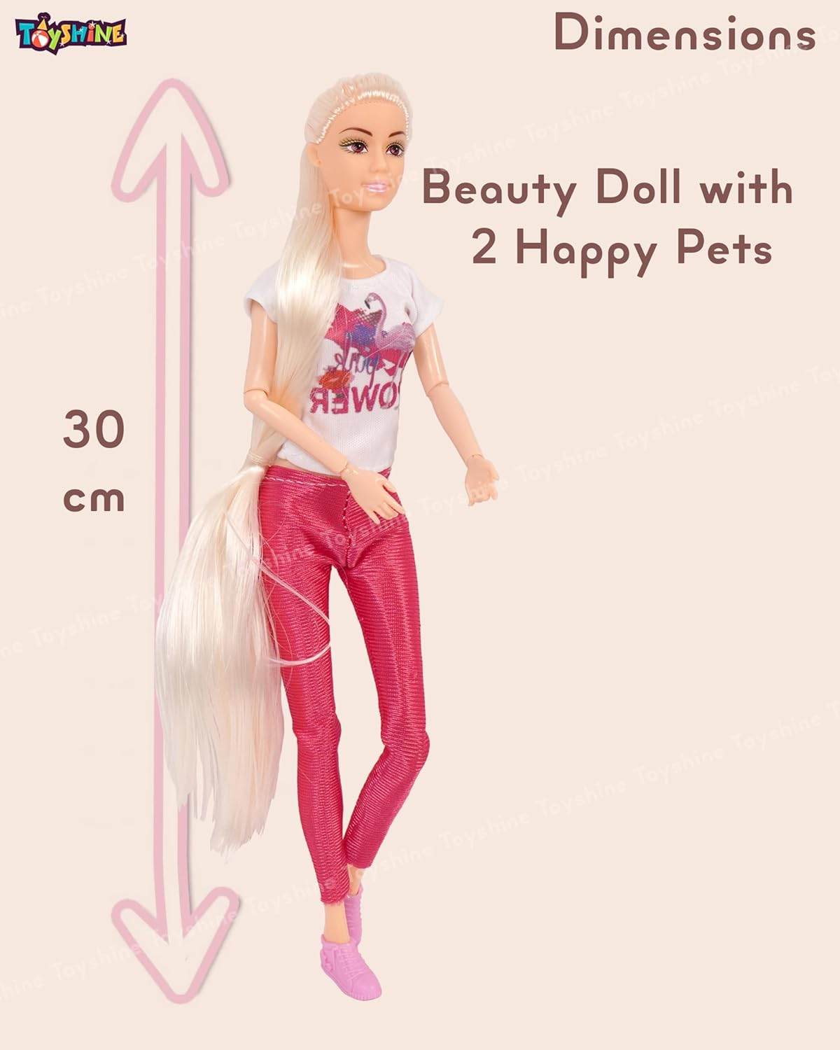 Role play toy set for girls featuring a 30cm beauty doll with long blonde hair and two happy pets