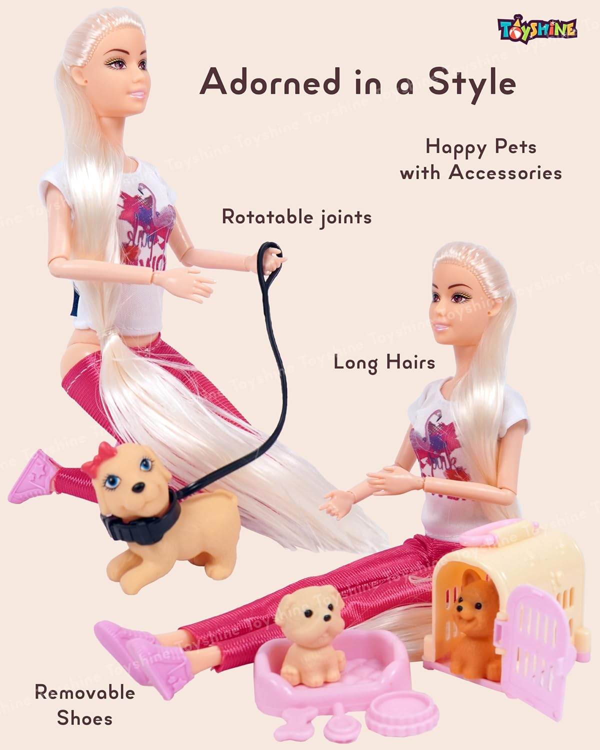 Role play toy set for girls featuring a blonde doll with long hair, pets, and accessories