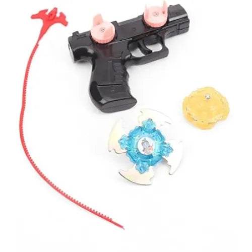 Black toy gun launcher with red pull cord and two metal bladers spinning toy pieces in blue and yellow